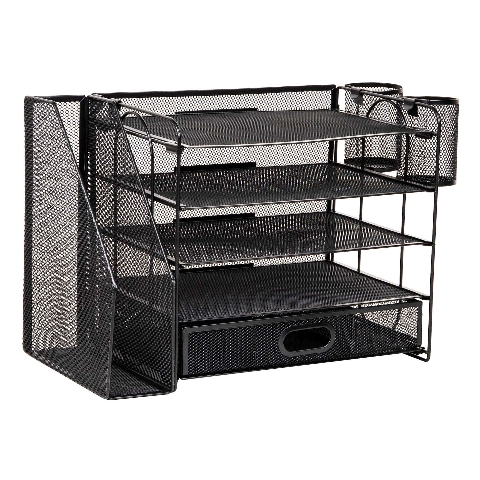 Mind Reader Mesh Desk Organizer, 4 Trays, 1 Drawer, File Holder, 2 Pen Cups, Office Desktop Organizer, Metal Mesh, Black